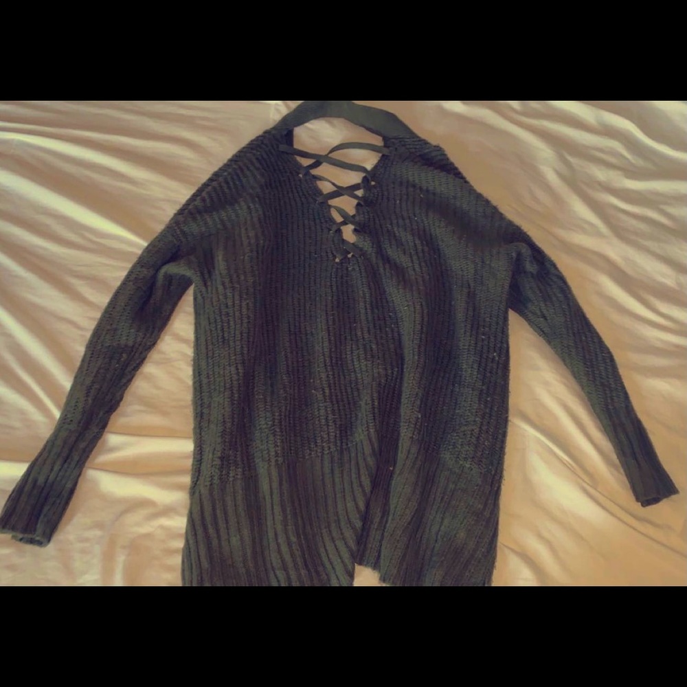 Army green lace up back cardigan sweater